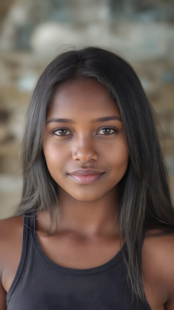 a (((professional photograph))) featuring a gorgeous, young, slim, petite, and curvaceous brown skinned Indigenous girl with long and perfectly straight black hair, full lips, and (((smiling into the camera))) with a serene expression. Her attire is a ((short cropped tank top)), the photo captures her full face, with the focus on her eyes gives a 70mm wide shot, capturing a youthful and innocent look that complements the advanced lighting and ultra realistic skin textures that make this photo truly breathtaking
