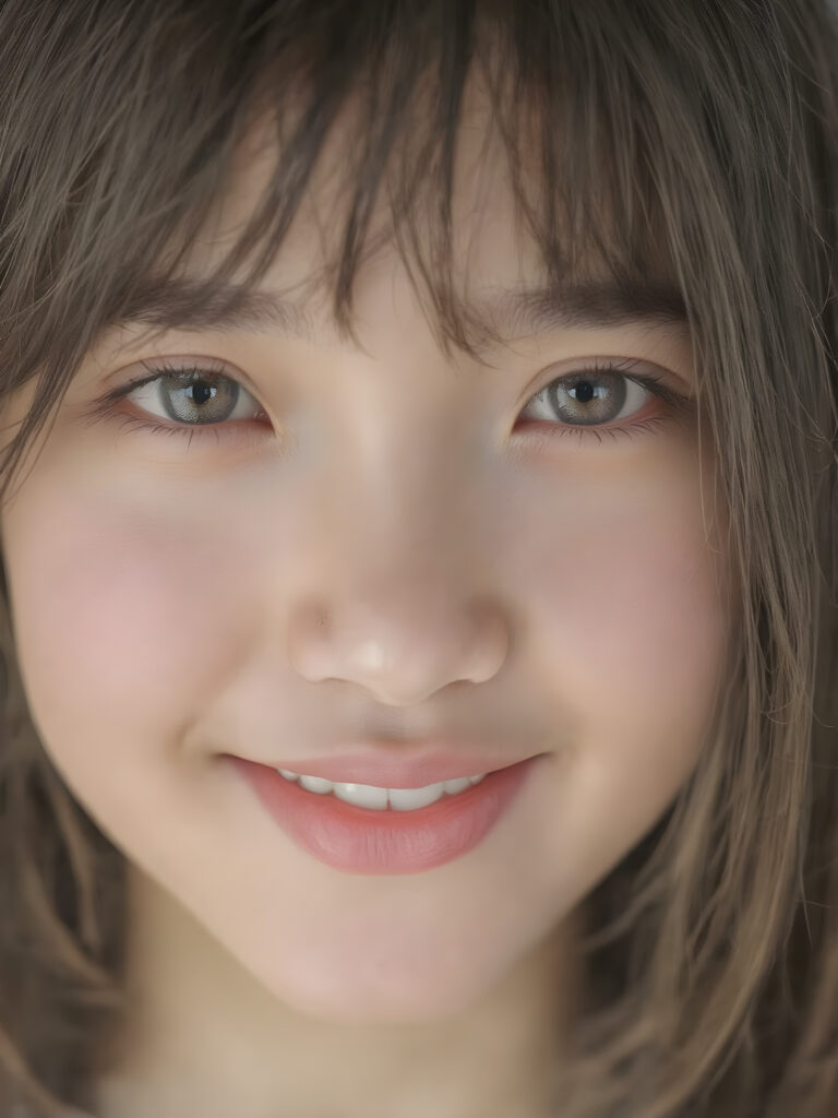 a (((professional photograph))) featuring a beautifully detailed (((face of a Asian teen girl))), with intricate details and colors, (natural, ultra realistic detailed hair) and (realistic detailed eyes) that exude an unmistakable allure, (highly detailed, symmetrical eyes) that match her perfectly coordinated, evenly sized pupils. She's also got (perfectly matching, coordinated teeth) that add to her overall aesthetic. Looking directly into the camera, she's got a warm smile and perfect eye coordination, which draws the viewer in. Her ultra realistic, volumetric lighting gives off a (natural, happy glow) that complements her overall look. She's also got (natural makeup) that enhances her features.