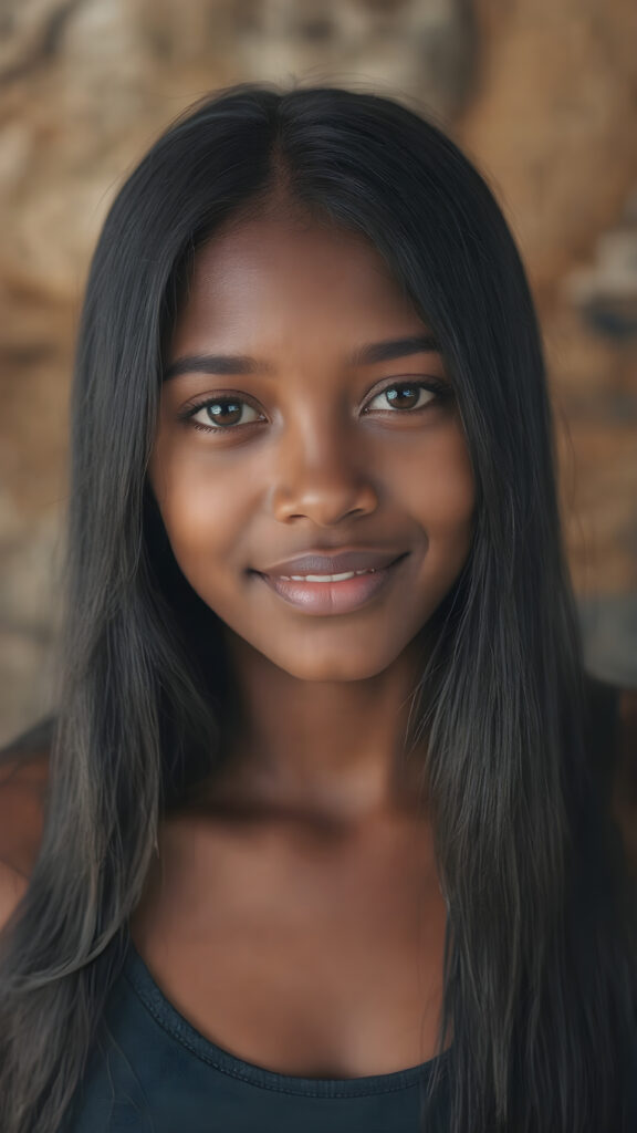 a (((professional photograph))) featuring a gorgeous, young, slim, petite, and curvaceous brown skinned Indigenous girl with long and perfectly straight black hair, full lips, and (((smiling into the camera))) with a serene expression. Her attire is a ((short cropped tank top)), the photo captures her full face, with the focus on her eyes gives a 70mm wide shot, capturing a youthful and innocent look that complements the advanced lighting and ultra realistic skin textures that make this photo truly breathtaking