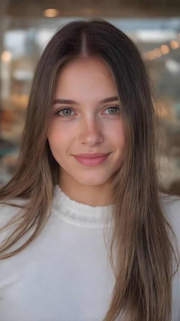 a (((professional photograph))) featuring a gorgeous, young, slim, petite, and curvaceous girl with long and perfectly straight brown hair, full lips, and (((smiling into the camera))) with a serene expression. Her attire is a ((white sweater)) and ((skin tight jeans)), emphasizing her perfectly straight and perfectly smooth brown hair, which is the subject of the picture. The photo captures her full face, with the focus on her eyes gives a 70mm wide shot, capturing a youthful and innocent look that complements the advanced lighting and ultra realistic skin textures that make this photo truly breathtaking