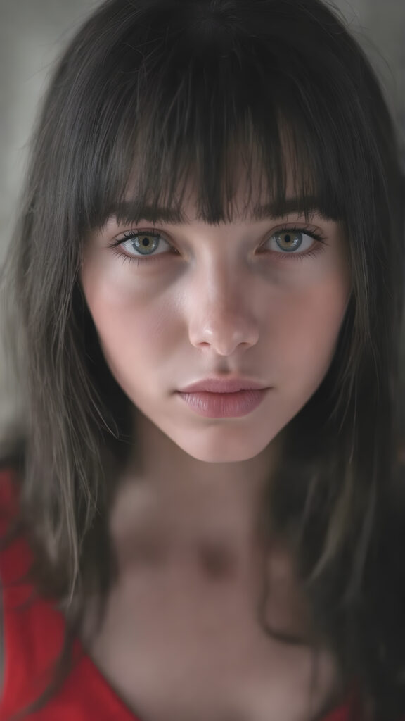 a (((professional black and white photograph))) featuring a gorgeous, young, slim, petite, and curvaceous silver skinned Emo girl with long and perfectly straight black super soft detailed hair and bangs, full lips, and with a serene expression. Her attire is a ((short cropped red tank top, deep v-neck)), the photo captures her full face, with the focus on her eyes and innocent look that complements the advanced lighting and ultra realistic skin textures that make this photo truly breathtaking, ((only her tank top is in color))