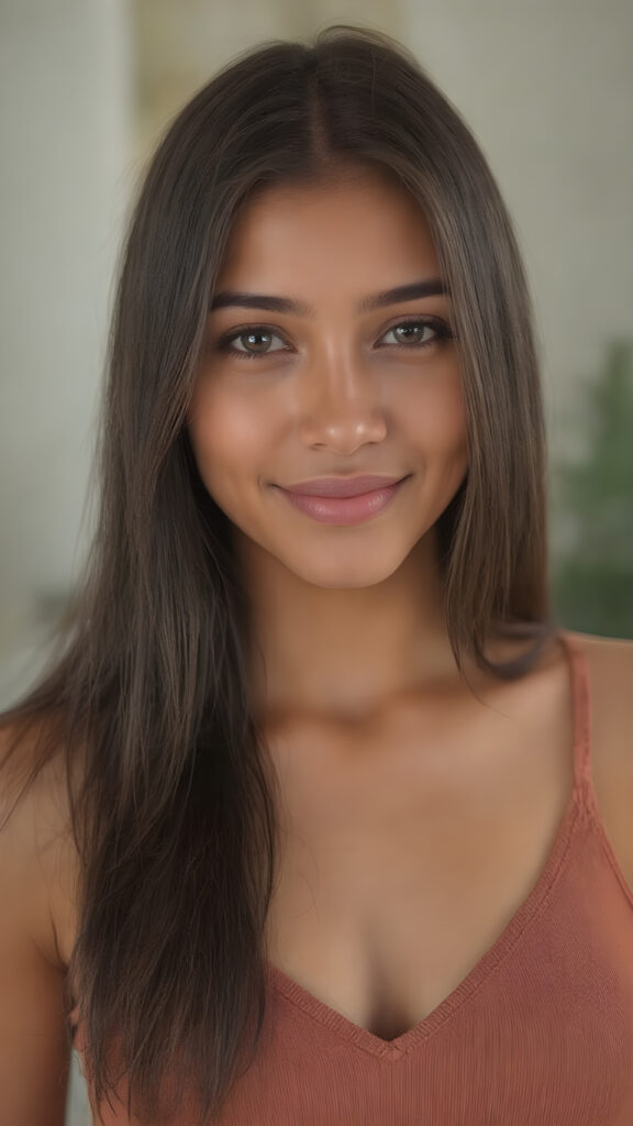 a (((professional photograph))) featuring a gorgeous, young, slim, petite, and curvaceous brown skinned busty Latina girl with long and perfectly straight brown hair, full lips, and (((smiling into the camera))) with a serene expression. Her attire is a ((short cropped amber tank top, deep v-neck)), the photo captures her full face, with the focus on her eyes gives a 70mm wide shot, capturing a youthful and innocent look that complements the advanced lighting and ultra realistic skin textures that make this photo truly breathtaking