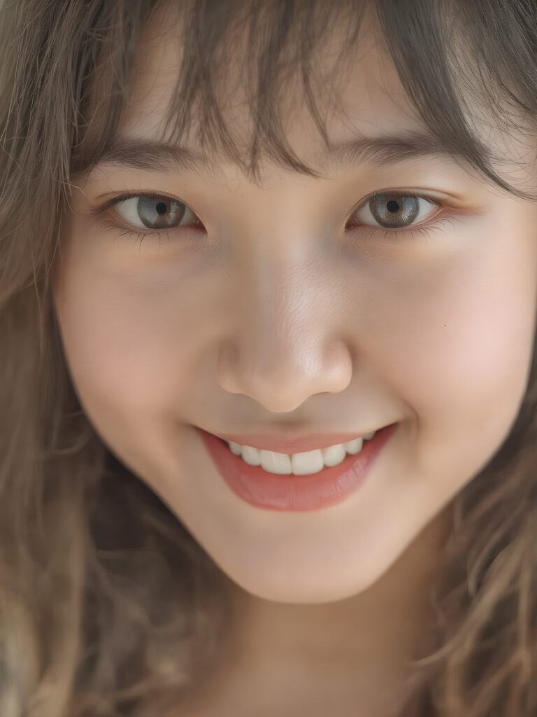 a (((professional photograph))) featuring a beautifully detailed (((face of a Asian teen girl))), with intricate details and colors, (natural, ultra realistic detailed hair) and (realistic detailed eyes) that exude an unmistakable allure, (highly detailed, symmetrical eyes) that match her perfectly coordinated, evenly sized pupils. She's also got (perfectly matching, coordinated teeth) that add to her overall aesthetic. Looking directly into the camera, she's got a warm smile and perfect eye coordination, which draws the viewer in. Her ultra realistic, volumetric lighting gives off a (natural, happy glow) that complements her overall look. She's also got (natural makeup) that enhances her features.