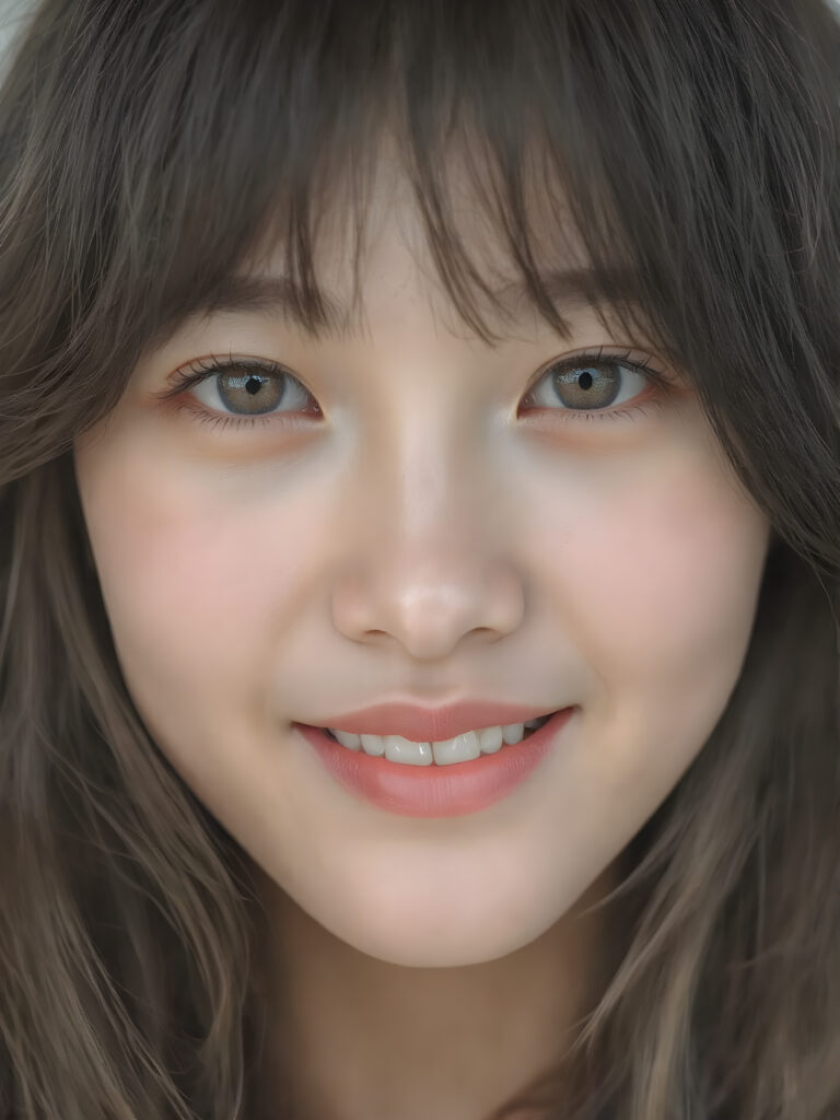 a (((professional photograph))) featuring a beautifully detailed (((face of a Asian teen girl))), with intricate details and colors, (natural, ultra realistic detailed hair) and (realistic detailed eyes) that exude an unmistakable allure, (highly detailed, symmetrical eyes) that match her perfectly coordinated, evenly sized pupils. She's also got (perfectly matching, coordinated teeth) that add to her overall aesthetic. Looking directly into the camera, she's got a warm smile and perfect eye coordination, which draws the viewer in. Her ultra realistic, volumetric lighting gives off a (natural, happy glow) that complements her overall look. She's also got (natural makeup) that enhances her features.