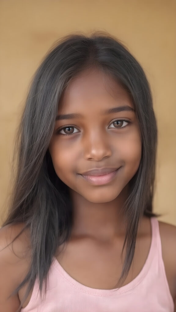 a (((professional photograph))) featuring a gorgeous, young brown skinned cute girl with long and perfectly straight black hair, full lips, and (((smiling into the camera))) with a serene expression. Her attire is a ((short cropped tank top)), the photo captures her full face, with the focus on her eyes gives a 70mm wide shot, capturing a youthful and innocent look that complements the advanced lighting and ultra realistic skin textures that make this photo truly breathtaking