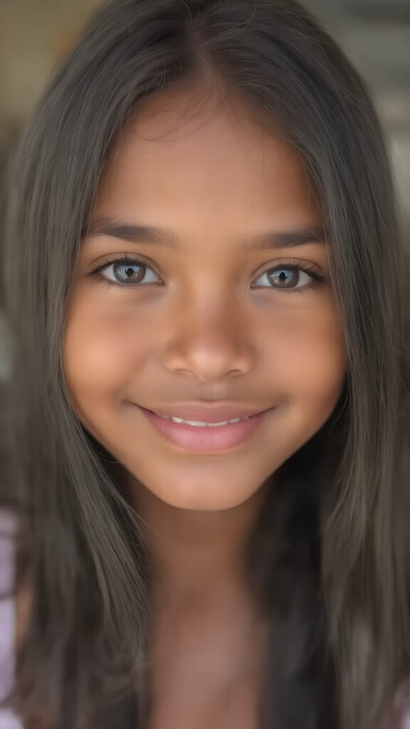 a (((professional photograph))) featuring a gorgeous, young brown skinned cute girl with long and perfectly straight black hair, full lips, and (((smiling into the camera))) with a serene expression. Her attire is a ((short cropped tank top)), the photo captures her full face, with the focus on her eyes gives a 70mm wide shot, capturing a youthful and innocent look that complements the advanced lighting and ultra realistic skin textures that make this photo truly breathtaking
