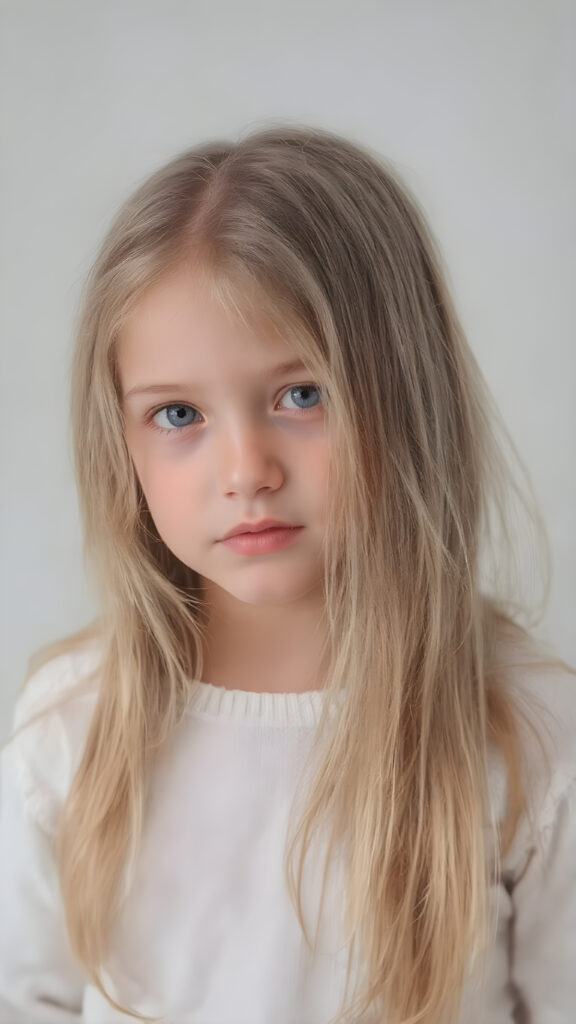 a (((professional photograph))) featuring a beautiful young girl with very long, straight, thick, untucked natural white golden blonde hair worn down, full body view, where her face exudes curiosity and inquisitiveness. She is wearing a white fine sweater that emphasizes her youthful beauty. Against a backdrop of a (simple, plain grey background) that complements the warm tones of the scene, the girl stands out in a striking pose, capturing attention to detail in every aspect of the image. Soft lighting, high resolution, full HD