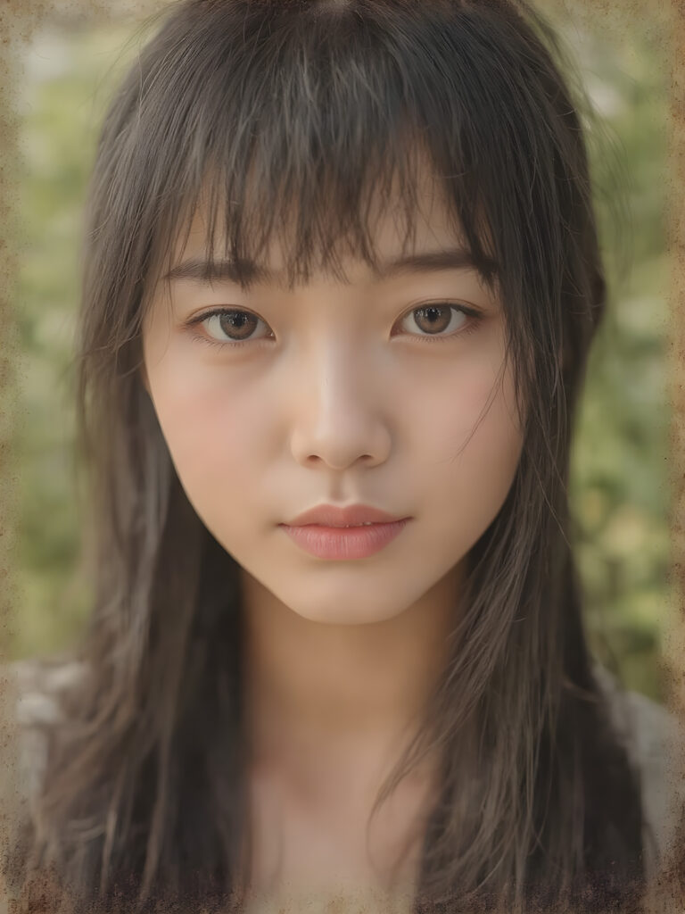 a (((realistic old close up Polaroid photo))), representing a (((beautiful young Asian girl, long soft obsidian black hair, bangs cut))), round face, with an (((ultra realistic, intricate details))) that defy the laws of physics, with a (((dynamic advanced lighting system))) that brings out the extreme details, composited against a (((natural, sunny green backdrop))), emulating a hyper-realistic, advanced photography, exotic style