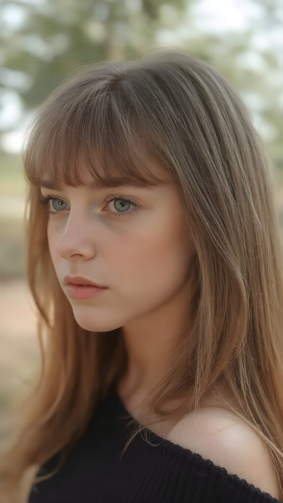 a realistic and detailed young girl, 15 years old, straight soft light brown hair, bangs cut, perfect curved body, perfect anatomy, natural background, side perspective ((realistic photo)) ((stunning)) ((gorgeous)) ((high resolution))