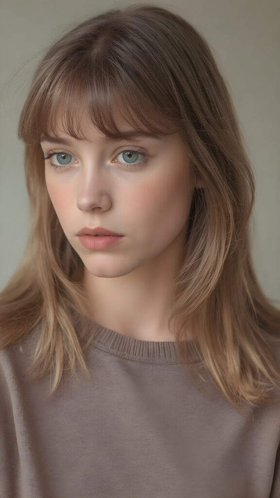 a realistic and detailed young girl, 15 years old, straight soft light brown hair, bangs cut, perfect curved body, perfect anatomy, natural background, side perspective ((realistic photo)) ((stunning)) ((gorgeous)) ((high resolution))