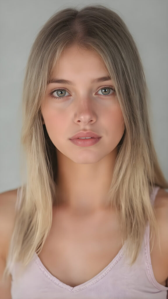 a (((realistic cute young teen girl))), with straight soft long light blond hair, (full lips), and ((big amber eyes, round face)) that exude innocence, paired with a (short cropped tank top, deep v-neck) that emphasizes her perfect body, (perfect skin), her figure is so perfectly proportioned that it defies reality, (((against a light grey backdrop))) ((upper body portrait))