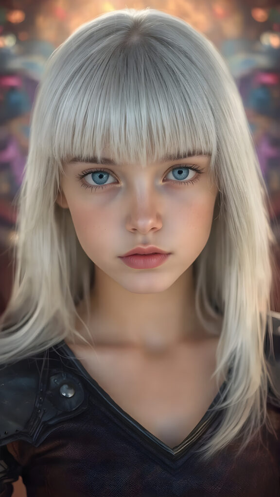 a realistic photo of a young girl in a black leader armor suit. She has straight platinum white hair, bangs hairstyle, perfectly shaped body, blue eyes, perfect curved female body, seductive