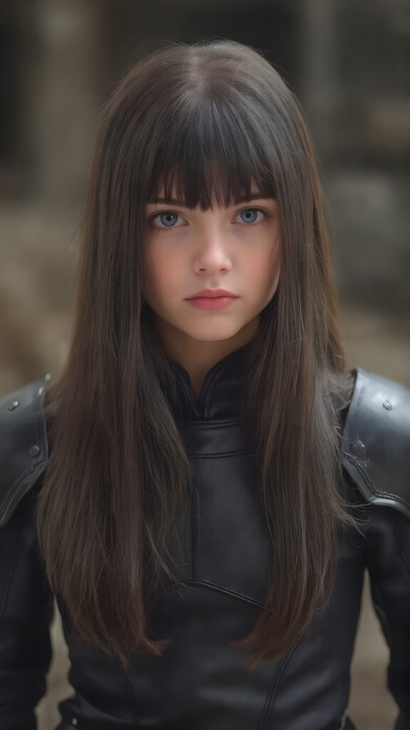 a realistic photo of a young girl in a black leader armor suit. She has very long, straight black hair, bangs hairstyle, perfectly shaped body