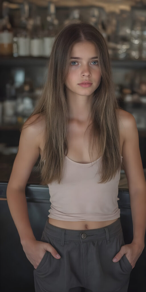 a sleek (((full body image))) of a (((beautiful young teen girl))), (((elegantly thin and petite))), with flowing, (((short, tight tank top and loose, cozy pants))), that perfectly complements her youthful complexion, emphasizing her (((perfectly straight, long, thick, untucked natural brown hair))) (((falling gently over her shoulder))) in a modern, luxurious bar. She's (((deep in thought, looking pensive and melancholy))) about her future, as if reflecting her (((full, amazing eyes))) into the camera's eye, exuding an air of youthful realism