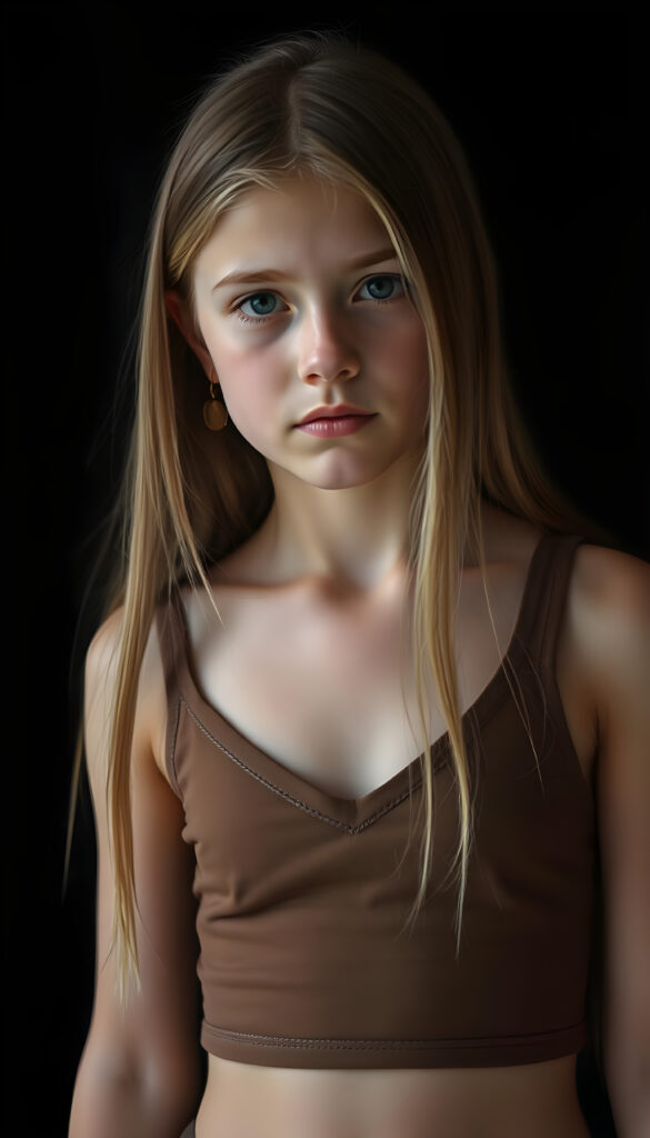 a small busty girl dressed in a brown cropped tank top deep v-neck, against a black background, long straight blond hair in same length left and right, with brown highlights