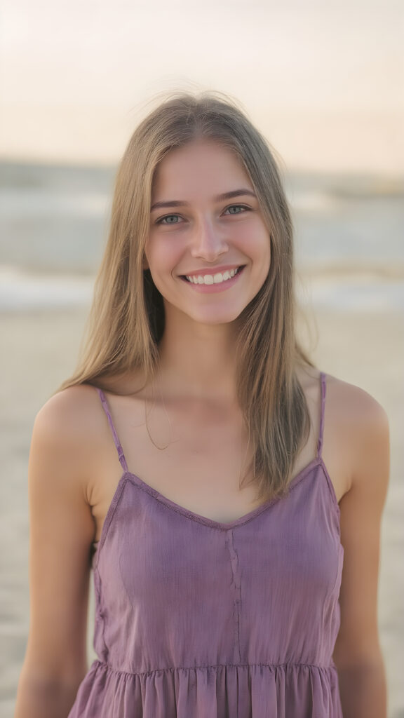 a smiling adult slender fit teen girl in a realistic upper body portrait (((reddish brown hair))) in a beautiful lifted spaghetti dress. The dress is made of lavender flowers. She has straight soft hair, in the background is a sunny sandy beach. Soft and diffuse lighting. Advanced (HDR) shading and contrast for a calm, relaxed atmosphere.
