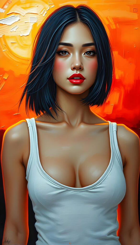 a stunning beautiful well busty girl, straight full open black hair, the hair has exact the same length left and right, cute face, bob cut, romantic atmosphere, photo realistic, beautiful sunset, sun kissed skin, white fine plain tank top made of fine wool and low v-neck, wide open front, seductive glance over the shoulders, full lips.