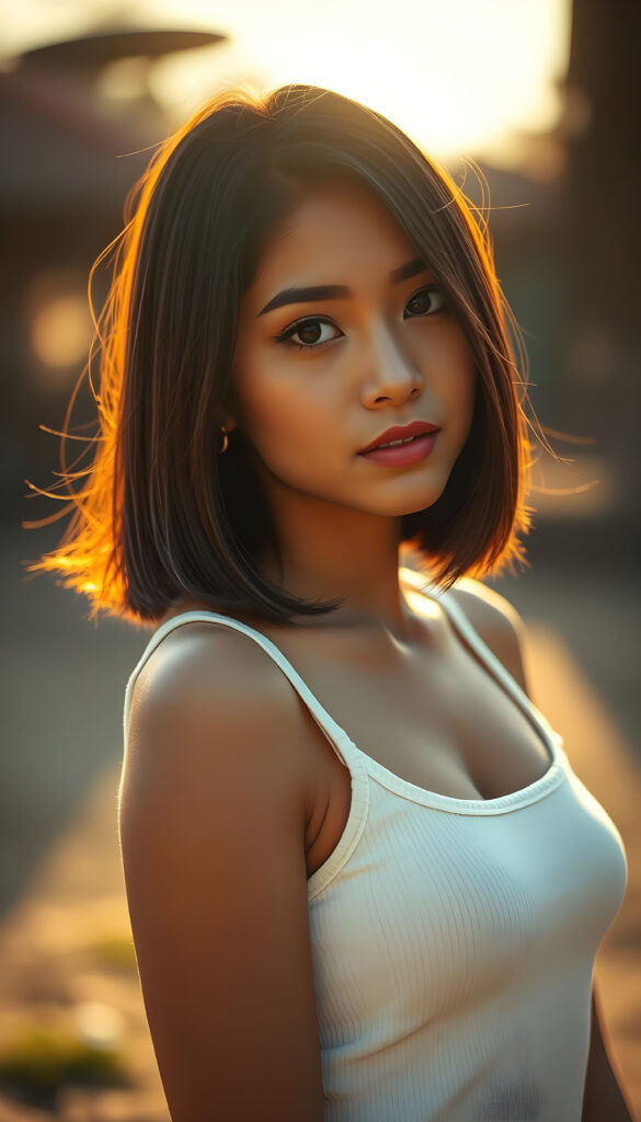 a stunning beautiful girl, straight full open hair, the hair has exact the same length left and right, cute face, bob cut, romantic atmosphere, photo realistic, beautiful sunset, sun kissed skin, white fine plain tank top made of fine wool, seductive glance over the shoulders, full lips.