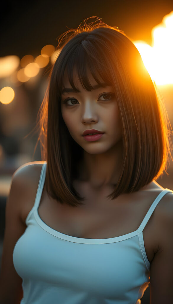 a stunning beautiful girl, straight full open hair, the hair has exact the same length left and right, cute face, bob cut, romantic atmosphere, photo realistic, beautiful sunset, sun kissed skin, white fine plain tank top made of fine wool, seductive glance over the shoulders, full lips.