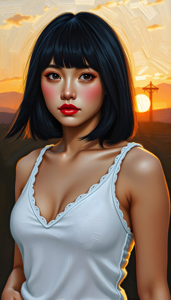a stunning beautiful well busty girl, straight full open black hair, the hair has exact the same length left and right, cute face, bob cut, romantic atmosphere, photo realistic, beautiful sunset, sun kissed skin, white fine plain tank top made of fine wool and low v-neck, wide open front, seductive glance over the shoulders, full lips.