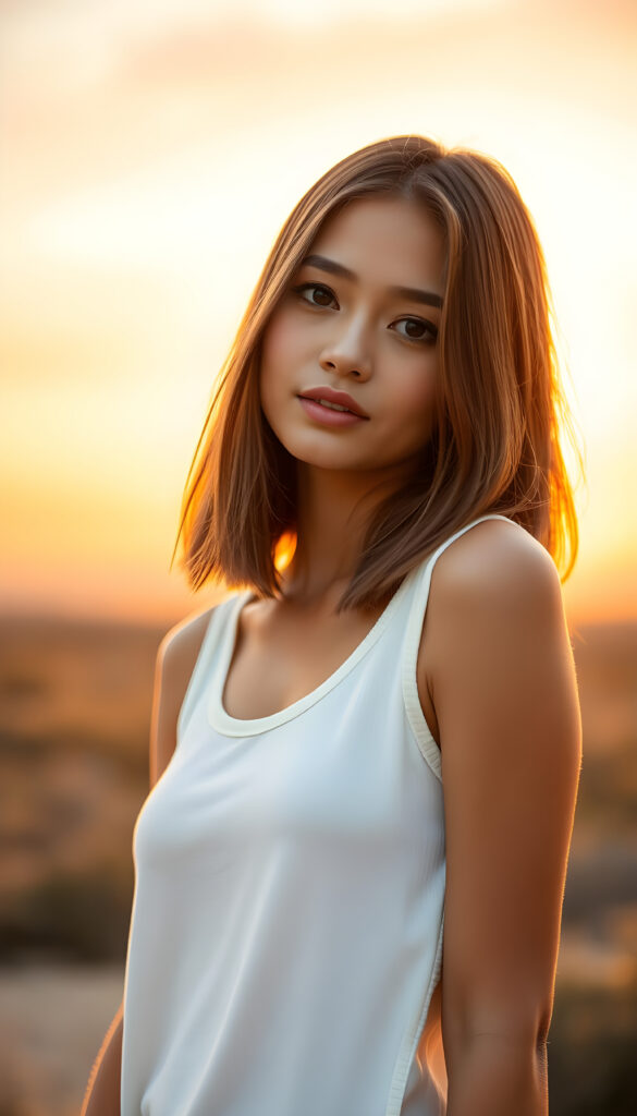 a stunning beautiful girl, straight full open hair, the hair has exact the same length left and right, cute face, bob cut, romantic atmosphere, photo realistic, beautiful sunset, sun kissed skin, white fine plain tank top made of fine wool, seductive glance over the shoulders, full lips.