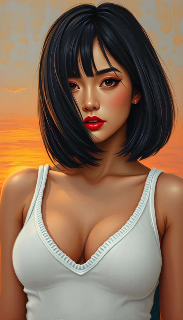 a stunning beautiful well busty girl, straight full open black hair, the hair has exact the same length left and right, cute face, bob cut, romantic atmosphere, photo realistic, beautiful sunset, sun kissed skin, white fine plain tank top made of fine wool and low v-neck, wide open front, seductive glance over the shoulders, full lips.