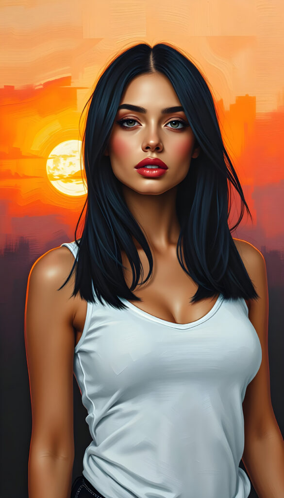 a stunning beautiful well busty girl, straight full open black hair, the hair has exact the same length left and right, cute face, bob cut, romantic atmosphere, photo realistic, beautiful sunset, sun kissed skin, white fine plain tank top made of fine wool and low v-neck, wide open front, seductive glance over the shoulders, full lips.