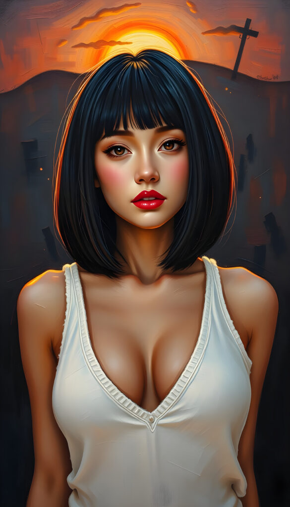 a stunning beautiful well busty girl, straight full open black hair, the hair has exact the same length left and right, cute face, bob cut, romantic atmosphere, photo realistic, beautiful sunset, sun kissed skin, white fine plain tank top made of fine wool and low v-neck, wide open front, seductive glance over the shoulders, full lips.