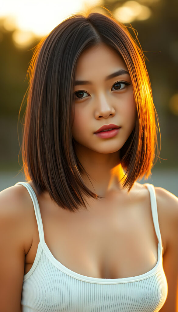 a stunning beautiful girl, straight full open hair, the hair has exact the same length left and right, cute face, bob cut, romantic atmosphere, photo realistic, beautiful sunset, sun kissed skin, white fine plain tank top made of fine wool, seductive glance over the shoulders, full lips.