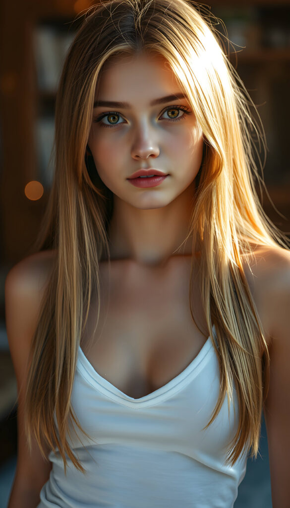 a stunning, highly detailed portrait of a cute and attractive young well busty girl with long, straight copper-blond hair. Her eyes are a mesmerizing light amber, sparkling with a warm, inviting gaze. She wears a white, V-neck tank top that highlights her graceful, curved figure. The scene is bathed in soft, natural lighting, casting a gentle glow on her face and hair. The background creating a dreamy, romantic atmosphere. The image is rendered in a hyper-realistic, vibrant style with intricate details, enhancing the visual appeal and warmth of the scene.