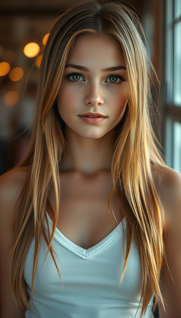 a stunning, highly detailed portrait of a cute and attractive young well busty girl with long, straight copper-blond hair. Her eyes are a mesmerizing light amber, sparkling with a warm, inviting gaze. She wears a white, V-neck tank top that highlights her graceful, curved figure. The scene is bathed in soft, natural lighting, casting a gentle glow on her face and hair. The background creating a dreamy, romantic atmosphere. The image is rendered in a hyper-realistic, vibrant style with intricate details, enhancing the visual appeal and warmth of the scene.