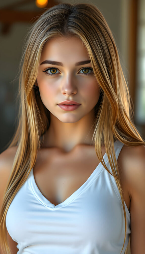 a stunning, highly detailed portrait of a cute and attractive young well busty girl with long, straight copper-blond hair. Her eyes are a mesmerizing light amber, sparkling with a warm, inviting gaze. She wears a white, V-neck tank top that highlights her graceful, curved figure. The scene is bathed in soft, natural lighting, casting a gentle glow on her face and hair. The background creating a dreamy, romantic atmosphere. The image is rendered in a hyper-realistic, vibrant style with intricate details, enhancing the visual appeal and warmth of the scene.