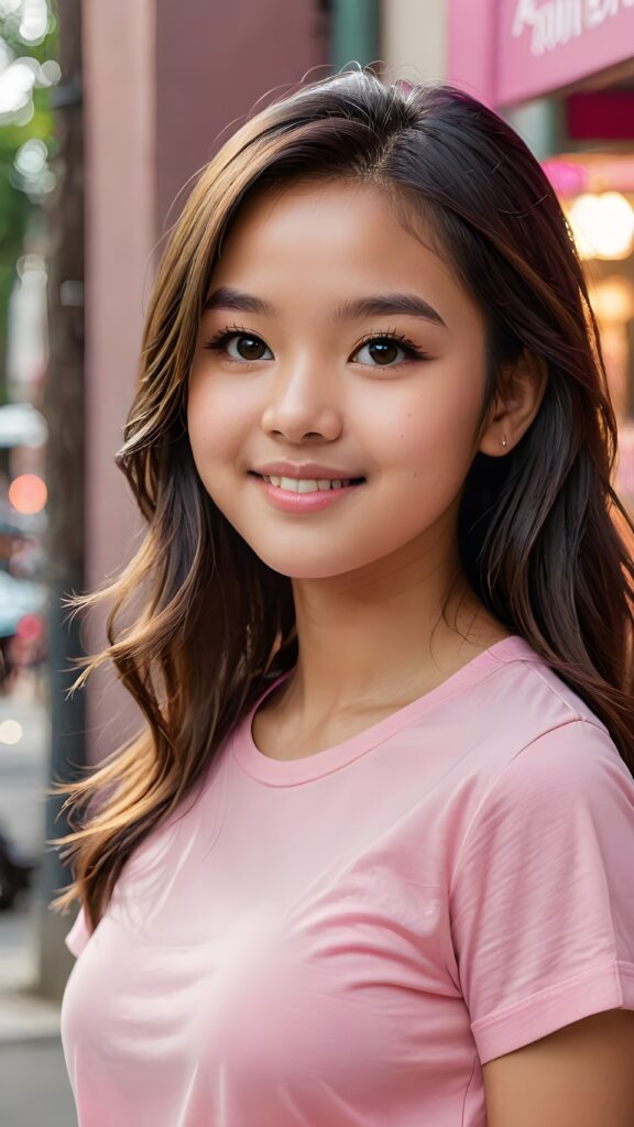 a stunning portrait (((ultra realistic professional photograph))) ((cute)) ((gorgeous)) excellently capturing an amiable, young Filipina teen girl, straight jet long hair, round face, full lips, smile, side view, ((pink no printed t-shirt))