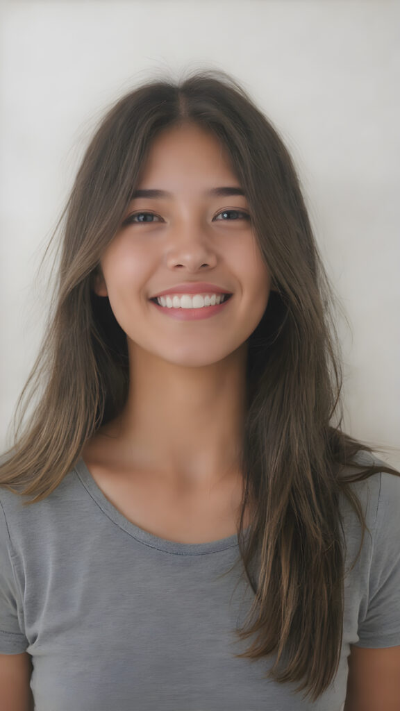 a stunning young cute Asia girl enjoys her carefree life. She smiles and has beautiful, soft straight hair that falls over her beautifully shaped body. The picture makes you happy, she wears a thin grey t-shirt, white teeth, detailed and realistic upper body drawing, the girl is centered