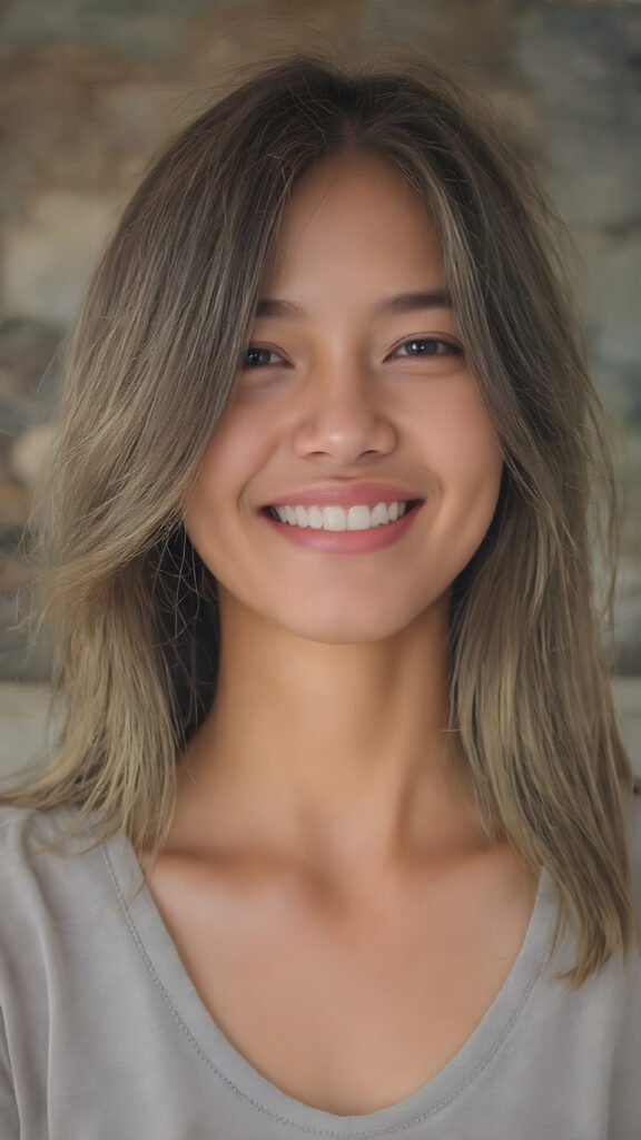 a stunning young cute Asia girl enjoys her carefree life. She smiles and has beautiful, soft straight hair that falls over her beautifully shaped body. The picture makes you happy, she wears a thin grey t-shirt, white teeth, detailed and realistic upper body drawing, the girl is centered