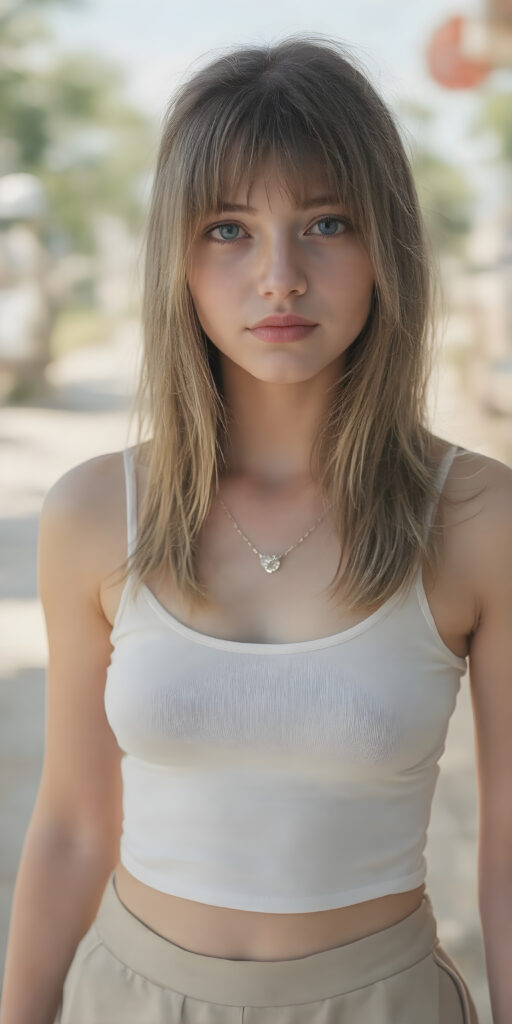 a (((summer day))) where a (((beautiful young teen girl with a sleek, detailed face))) is standing confidently, dressed in a ((thin, transparent clingy white top)) and a ((short, translucent clingy summer skirt)). Her light super straight brown hair falls over her body, a (diamond necklace) adds a touch of sophistication to her look, perfectly accentuating her youthful, sophisticated aesthetic, summer vibe