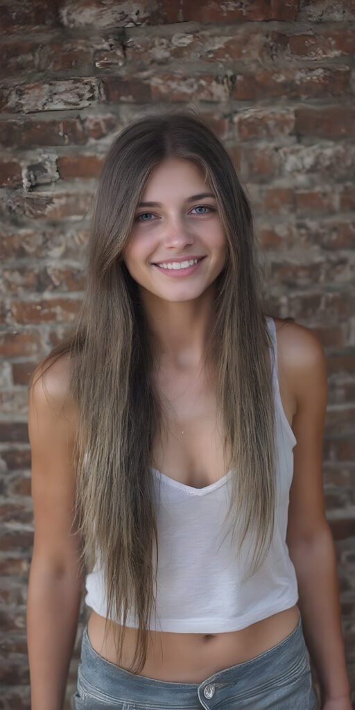 a (((super realistic full length photograph))), with intricate details ((captured in 8K resolution)), of a (((beautiful, dirty, yet well-groomed young cute teen girl))) with ((long, straight, brown hair)) that perfectly complements her face, wearing a ((white tank top)) with a ((deep v-neck)), paired with ((tattered shorts)) that accentuate her yet perfectly proportioned figure, her smile is warm and inviting, perfectly framed by her youthful features, (((full body))) (((a beautifully proportioned figure, with slim waist and perfectly proportioned limbs))), ((she stands in front of a brick wall))