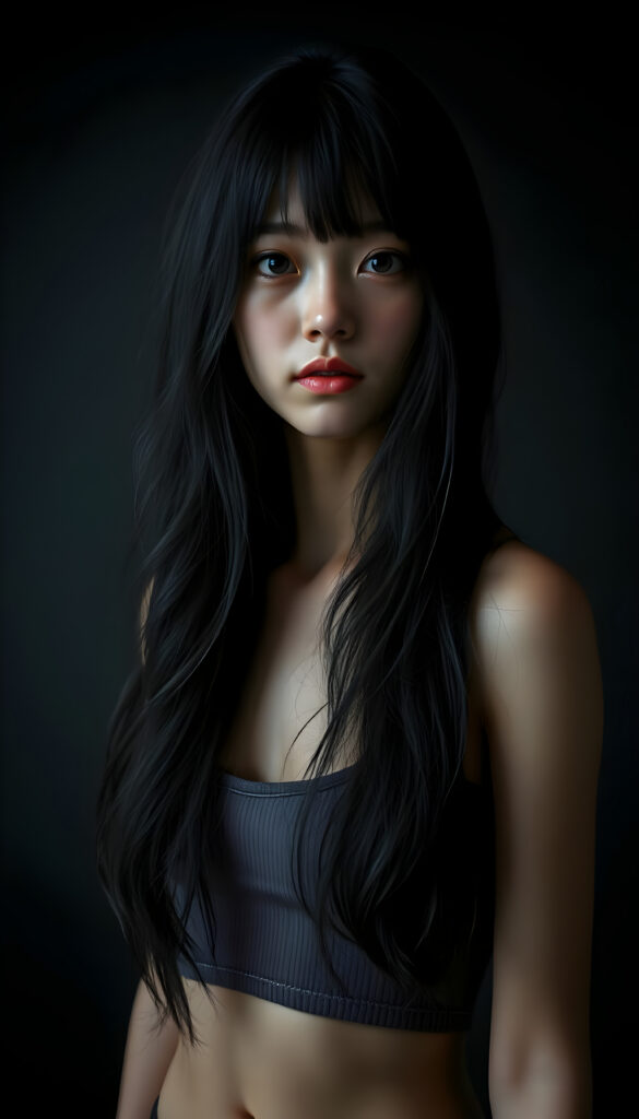 a (((super realistic and highly detailed full-body photo))), capturing a (((beautiful and innocent Asian Emo girl))) with (((very long, thick, wavy black hair))), and (a short, cropped tank top), she stands in a (dark, gloomy setting) with (volumetric lighting) that brings out her (natural features) and (beautiful eyes), set against a (plain, dark backdrop) that focuses on her face, with (black hair) (perfect, accurate anatomy) and (high quality, high detail) that make her a (super-realistic, 3D character)