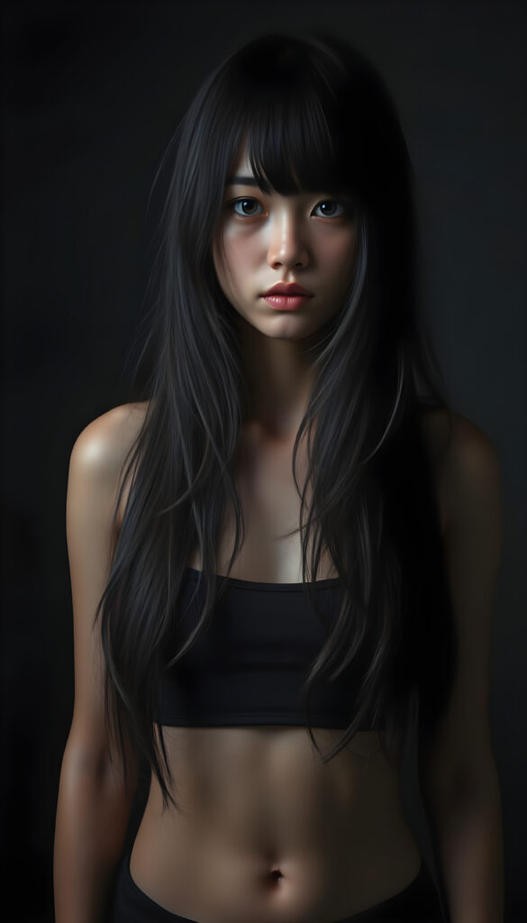 a (((super realistic and highly detailed full-body photo))), capturing a (((beautiful and innocent Asian Emo girl))) with (((very long, thick, wavy black hair))), and (a short, cropped tank top), she stands in a (dark, gloomy setting) with (volumetric lighting) that brings out her (natural features) and (beautiful eyes), set against a (plain, dark backdrop) that focuses on her face, with (black hair) (perfect, accurate anatomy) and (high quality, high detail) that make her a (super-realistic, 3D character)