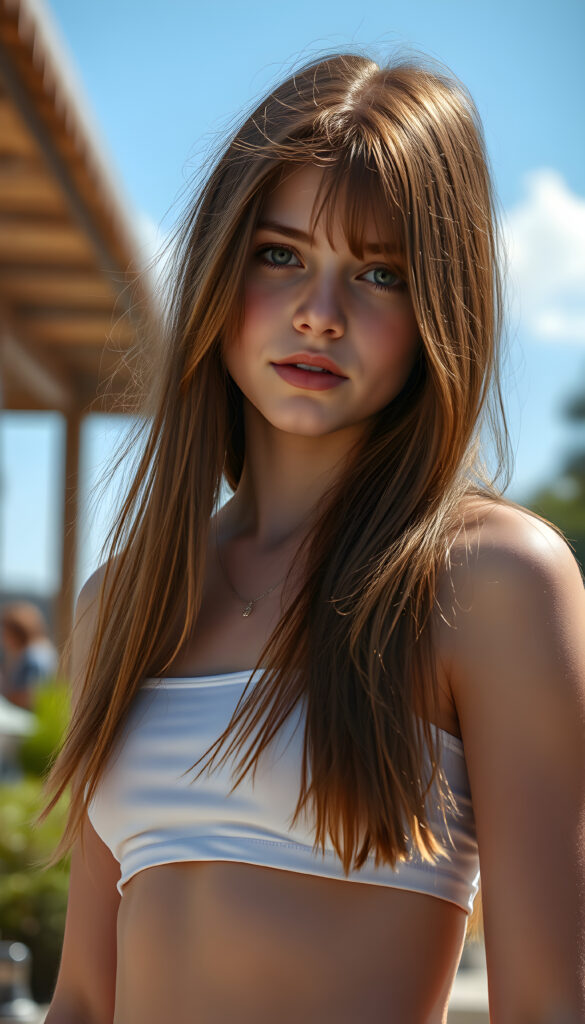 a (((super realistic full body photo))) featuring a (((beautifully stunning and gorgeous young teen girl))) with luxurious ((long, straight jet red hair)) and ((bright green eyes)), dressed in a (((super short, tight white crop top tank top))), show her belly button, against a sunny backdrop, accurate human anatomy