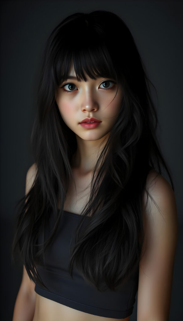 a (((super realistic and highly detailed full-body photo))), capturing a (((beautiful and innocent Asian Emo girl))) with (((very long, thick, wavy black hair))), and (a short, cropped tank top), she stands in a (dark, gloomy setting) with (volumetric lighting) that brings out her (natural features) and (beautiful eyes), set against a (plain, dark backdrop) that focuses on her face, with (black hair) (perfect, accurate anatomy) and (high quality, high detail) that make her a (super-realistic, 3D character)