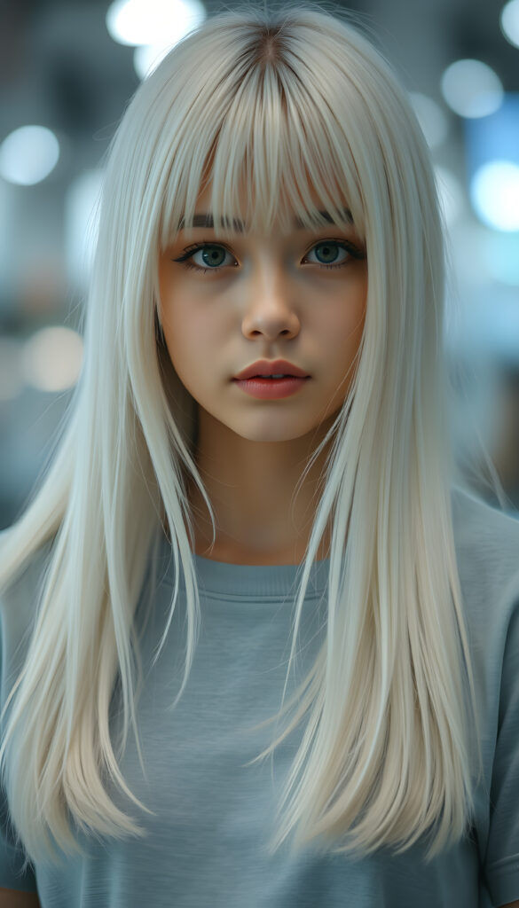 a super realistic photo from a stunning girl, long white straight hair same length right and left, round face, bangs, cute, she wears a light grey plain t-shirt