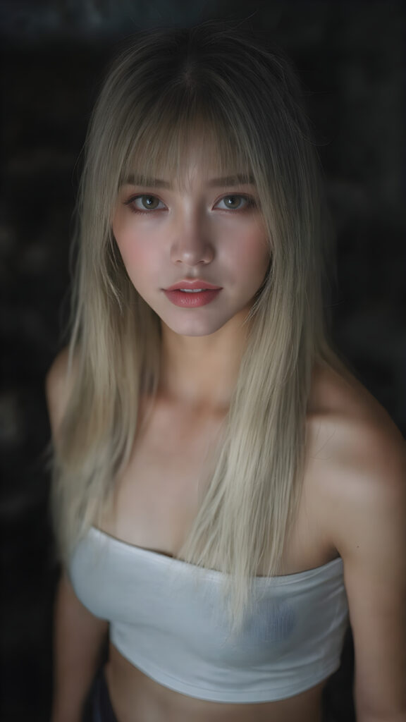 a super realistic upper body portrait, detailed face, perfect curved body, cute teen girl, long white straight soft hair, Korean styled bangs, wear only a white short tight crop tank top, looks at the camera, perfect body, portrait shot, dark backdrop