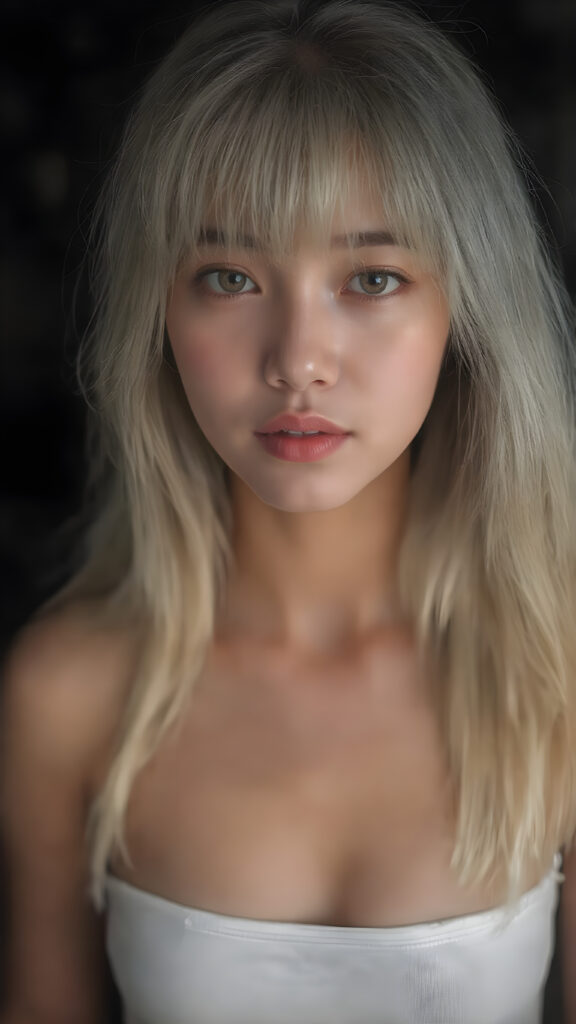 a super realistic upper body portrait, detailed face, perfect curved body, cute teen girl, long white straight soft hair, Korean styled bangs, wear only a white short tight crop tank top, looks at the camera, perfect body, portrait shot, dark backdrop