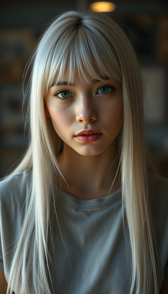 a super realistic photo from a stunning girl, long white straight hair same length right and left, round face, bangs, cute, she wears a light grey plain t-shirt