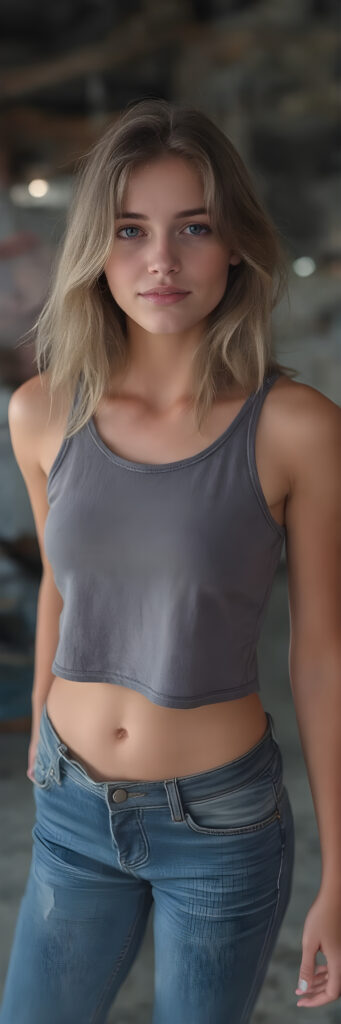 a teen girl, 19 years old, cropped tank top, jeans pants, Photograph, Full body, Cinematic, Hyper-realistic