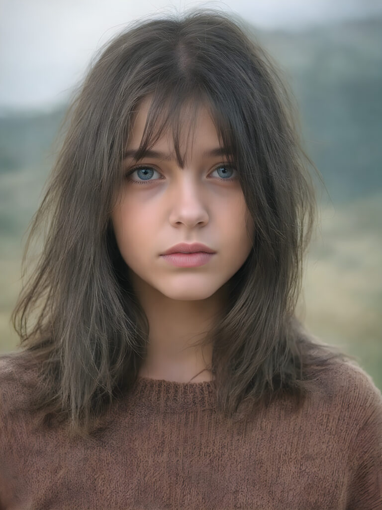 a ((teen girl)) realistic upper body portrait shot, her hair is obsidian-black and with long straight haircut, she has glancing silver-white eyes and are orbit round, she has pouting lips, she has a soft outlook, she has a fit figure, she wears a brown sweater made of fine wool, in a natural way, mood scenery background