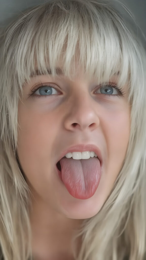 a teenage girl with straight white hair, bangs, long soft hair, detailed face, looks up, wide open mouth, white teeth, full kissable lips, sticks out his tongue, full head in focus