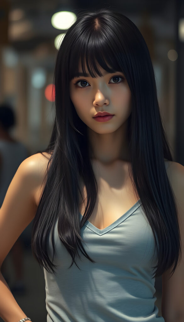 a typical japanese yandere girl, wears only a low v-cut thin light grey tank top, long black hair same length right and left, bangs
