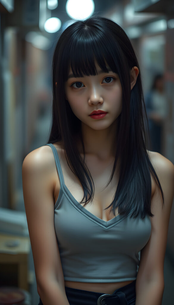 a typical japanese yandere girl, wears only a low v-cut thin light grey tank top, long black hair same length right and left, bangs